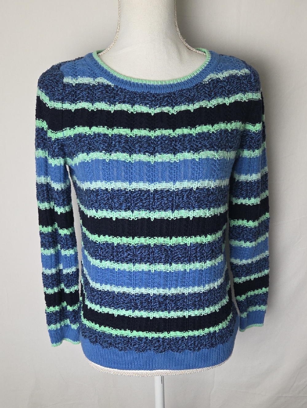 Talbots Striped Blue & Mint Knit Cotton Sweater Small Petite